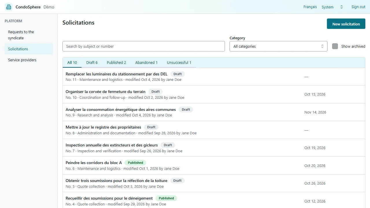 The list of solicitations in the CondoSphere application: tabs by status, a search by subject or number, and each solicitation with its number, category and status.