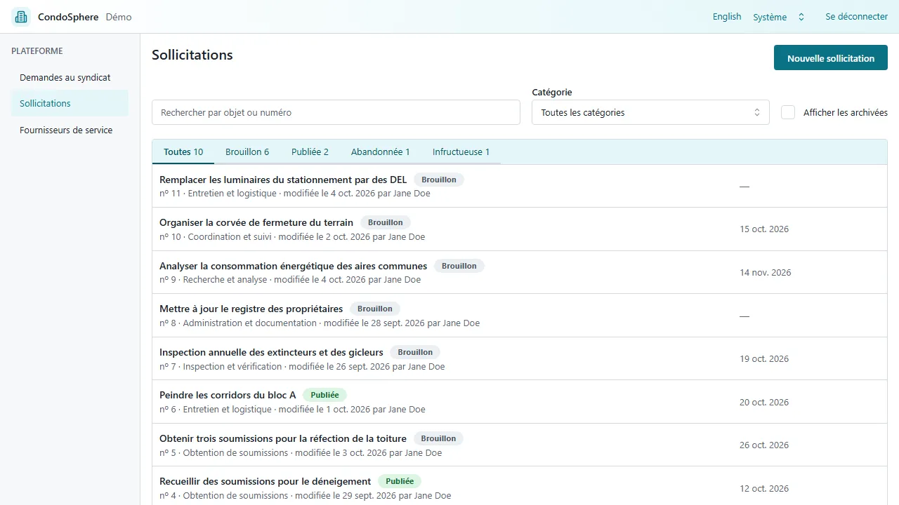 La liste des sollicitations dans l'application CondoSphere : des onglets par état, une recherche par objet ou par numéro, et chaque sollicitation avec son numéro, sa catégorie et son état.